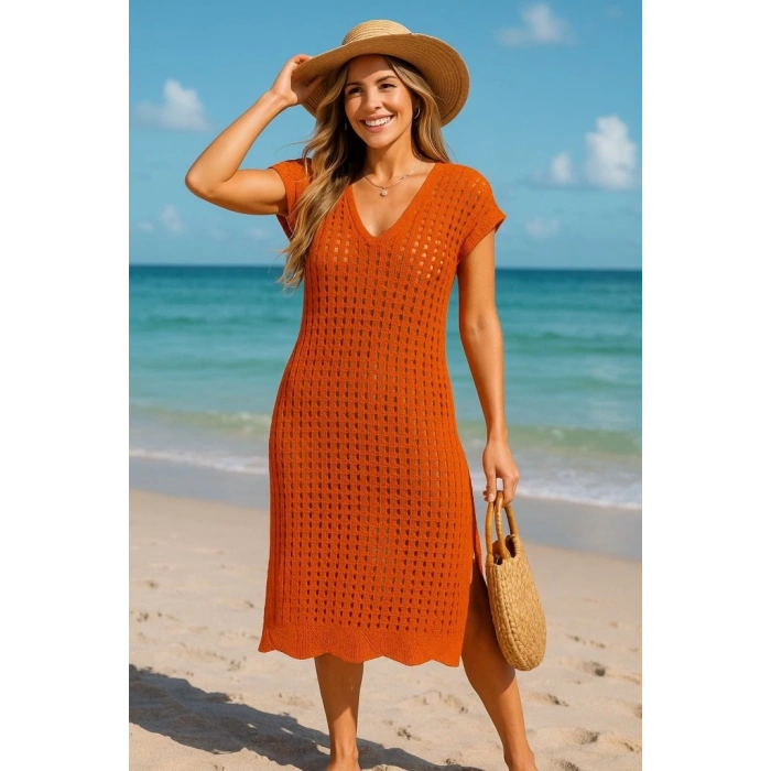 Kadın Sıfır Kol V Yaka Yanı Derin Yırtmaçlı Midi Boy Triko Elbise