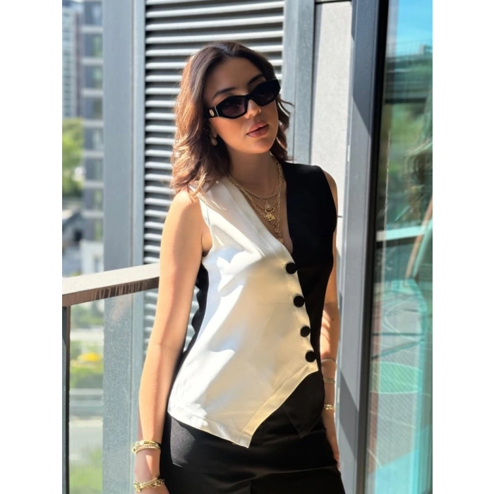 Kadın Sıfır Kol V Yakalı Düğmeli Blok Renkli Atlas Yelek