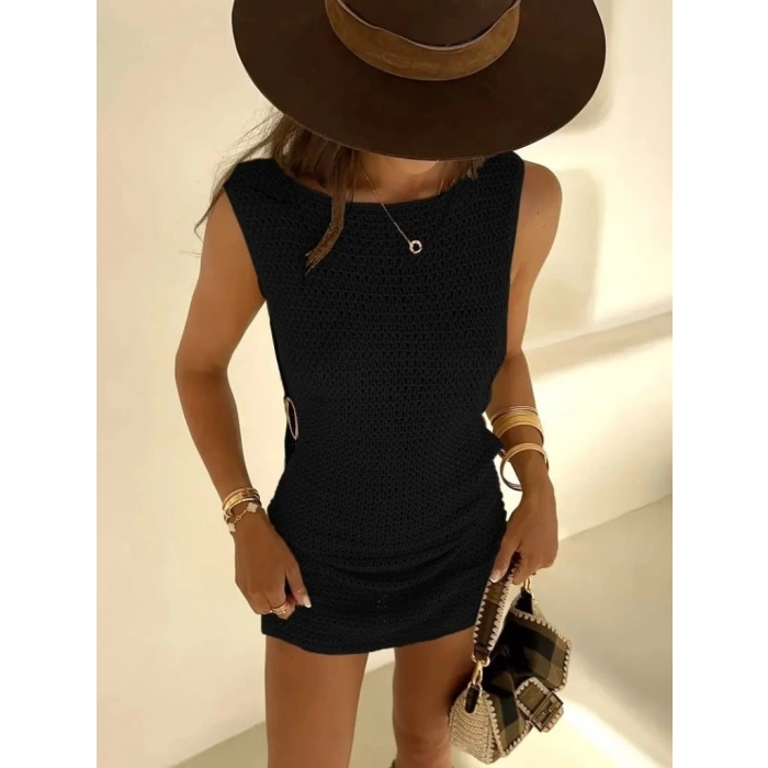 Kadın Sıfır Kol Yanlardan Halka Toka Detaylı Triko Plaj Elbisesi