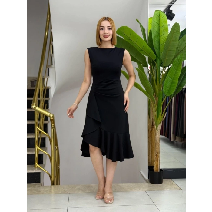 Kadın Sıfır Kollu Belden Büzgülü Eteği Volanlı Asimetrik Kesim Midi Janjan Krep Elbise