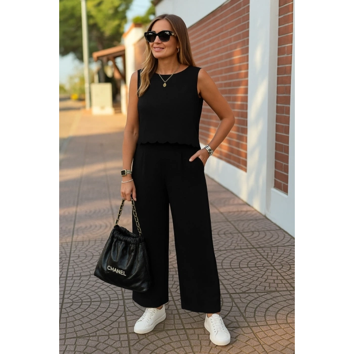 Kadın Sıfır Kollu Bisiklet Yaka Arkadan Bağlamalı Aer8bin Bluz Ve Pantolon Ikili Takım