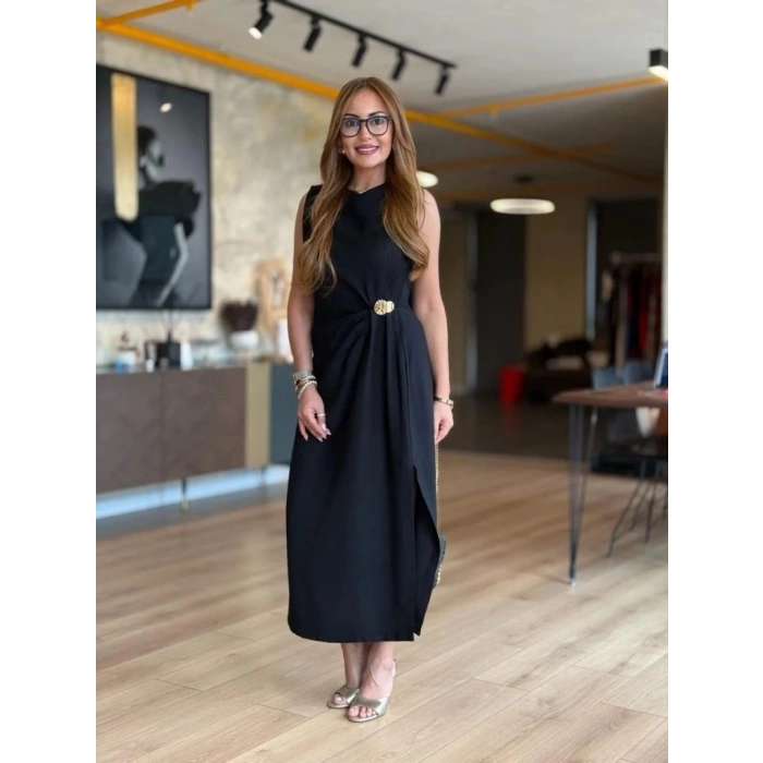 Kadın Sıfır Kollu Bisiklet Yaka Belden Büzgülü Yırtmaç Detaylı Janjan Krep Elbise