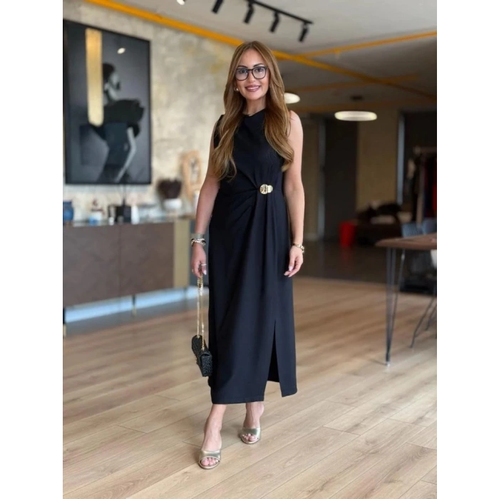 Kadın Sıfır Kollu Bisiklet Yaka Belden Büzgülü Yırtmaç Detaylı Janjan Krep Elbise