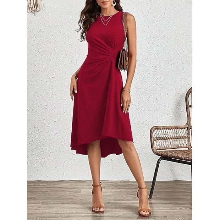 Kadın Sıfır Kollu Bisiklet Yaka Büzgülü Asimetrik Kesim Detaylı Janjan Krep Elbise