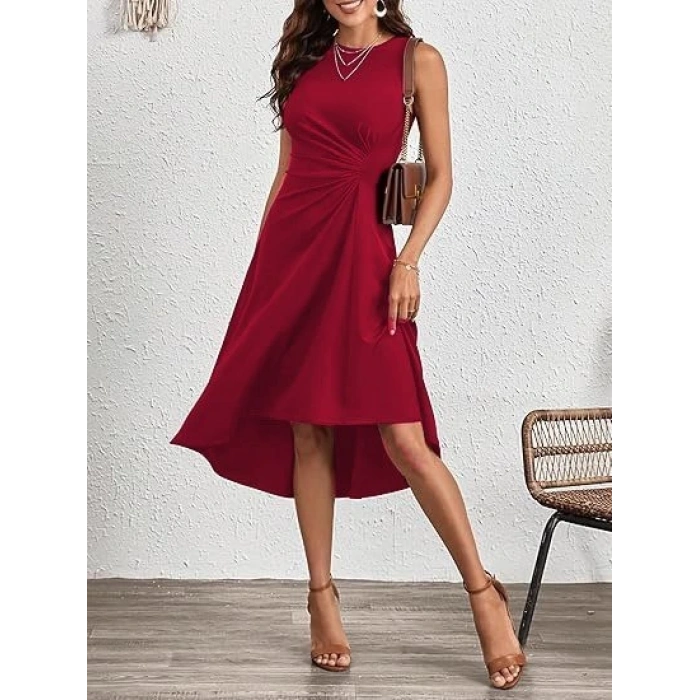 Kadın Sıfır Kollu Bisiklet Yaka Büzgülü Asimetrik Kesim Detaylı Janjan Krep Elbise