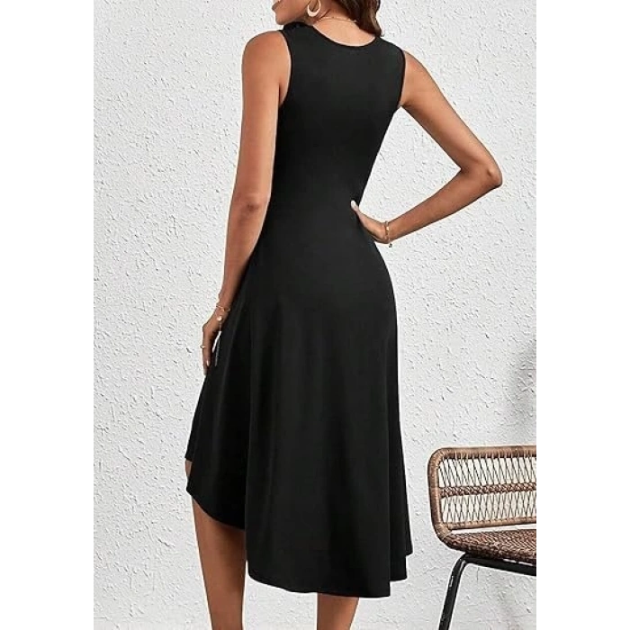 Kadın Sıfır Kollu Bisiklet Yaka Büzgülü Asimetrik Kesim Detaylı Janjan Krep Elbise