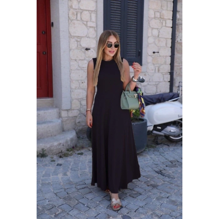 Kadın Sıfır Kollu Bisiklet Yaka Viskon Elbise