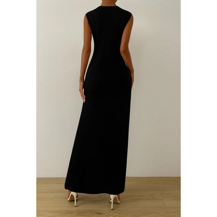 Kadın Sıfır Kollu Bisiklet Yaka Yandan Büzgü Detaylı Viskon Elbise