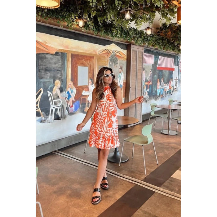 Kadın Sıfır Kollu Bisiklet Yakalı Fırfırlı Desenli Sofya Elbise