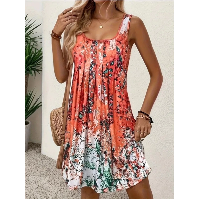 Kadın Sıfır Kollu Kare Yaka önden Pileli Salaş Süprem Elbise