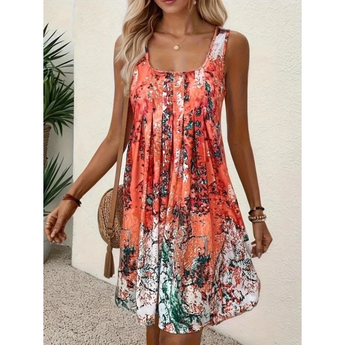 Kadın Sıfır Kollu Kare Yaka önden Pileli Salaş Süprem Elbise