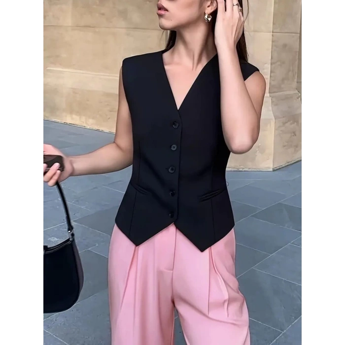 Kadın Sıfır Kollu önden Düğmeli Atlas Yelek