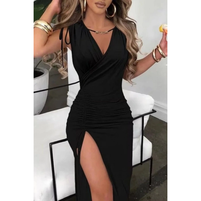 Kadın Sıfır Kollu V Yakalı Yırtmaç Detaylı Beli Büzgülü Omuzdan Bağcıklı Sandy Maxi Elbise