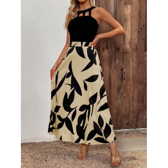 Kadın Sıfır Kollu Yakadan şeritli Omuzlardan Açık Janjan Krep Desenli Al Dalgıç Maxi Elbise