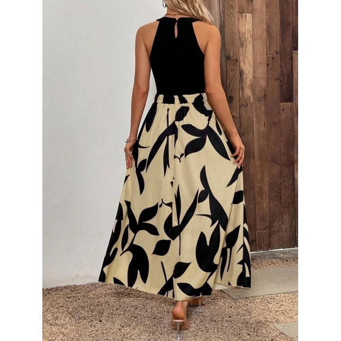 Kadın Sıfır Kollu Yakadan şeritli Omuzlardan Açık Janjan Krep Desenli Al Dalgıç Maxi Elbise