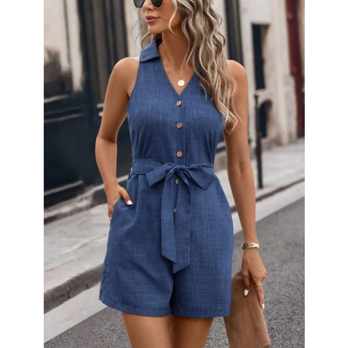 Kadın Sıfır Kollu Yakalı Düğmeli Belden Kuşaklı Kısa Keten Tulum