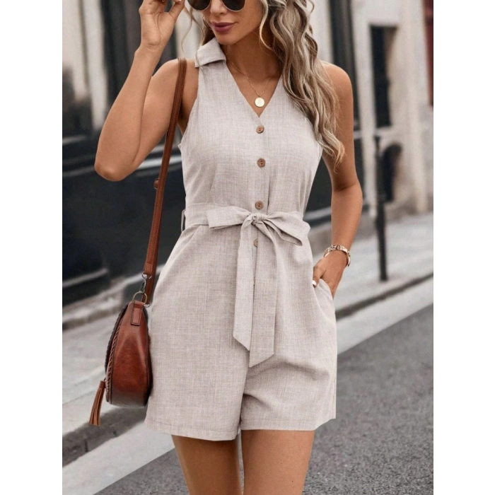 Kadın Sıfır Kollu Yakalı Düğmeli Belden Kuşaklı Kısa Keten Tulum
