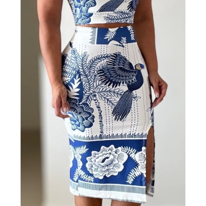 Kadın Sıfır Kollu Yuvarlak Yaka çiçekli Desenli Süprem Crop Ve Yırtmaçlı Etek Ikili Takım