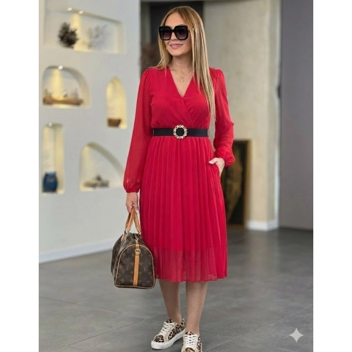 Kadın şifon Kumaş Astalı Kloş Kesim Kruvaze Yaka Midi Boy Elbise