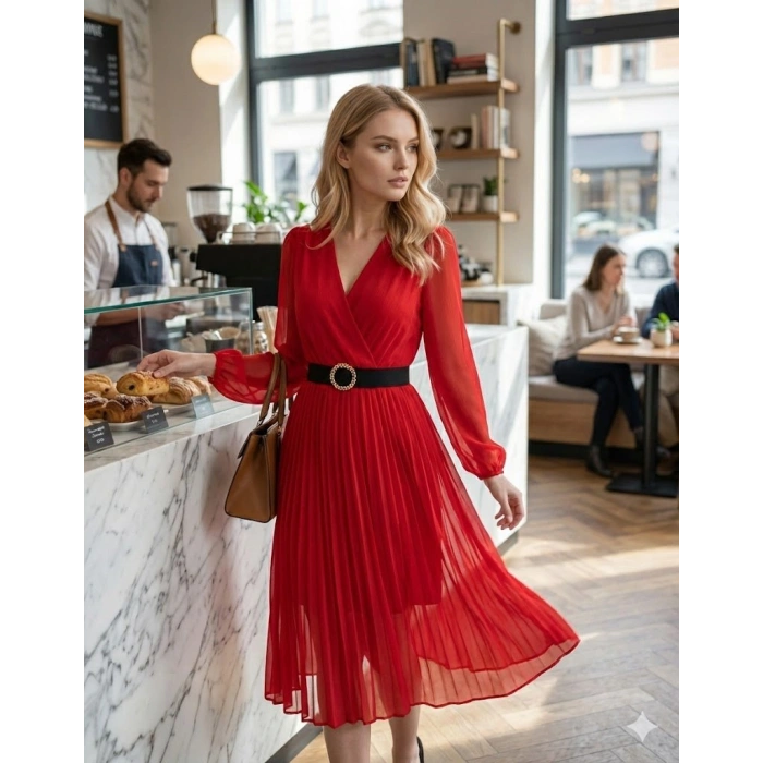 Kadın şifon Kumaş Astalı Kloş Kesim Kruvaze Yaka Midi Boy Elbise