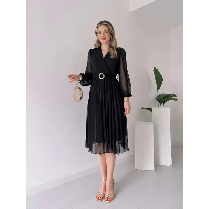 Kadın şifon Kumaş Astalı Kloş Kesim Kruvaze Yaka Midi Boy Elbise