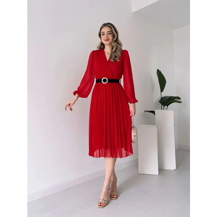 Kadın şifon Kumaş Astalı Kloş Kesim Kruvaze Yaka Midi Boy Elbise