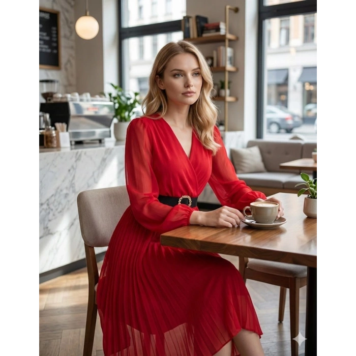 Kadın şifon Kumaş Astalı Kloş Kesim Kruvaze Yaka Midi Boy Elbise