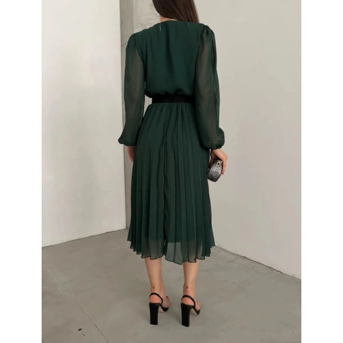 Kadın şifon Kumaş Astalı Kloş Kesim Kruvaze Yaka Midi Boy Elbise