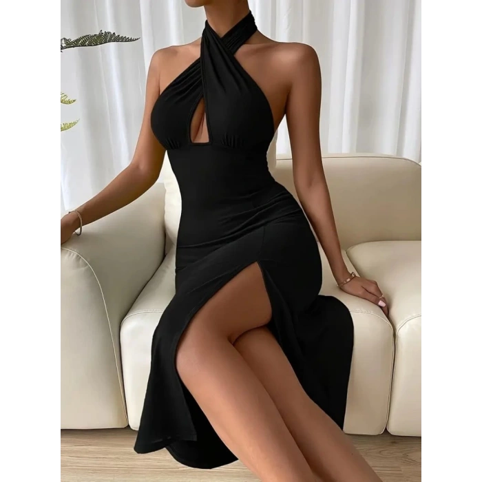 Kadın Sırt Dekolteli Boyun çapraz Yakalı Yırtmaç Detay Midi Sandy Elbise