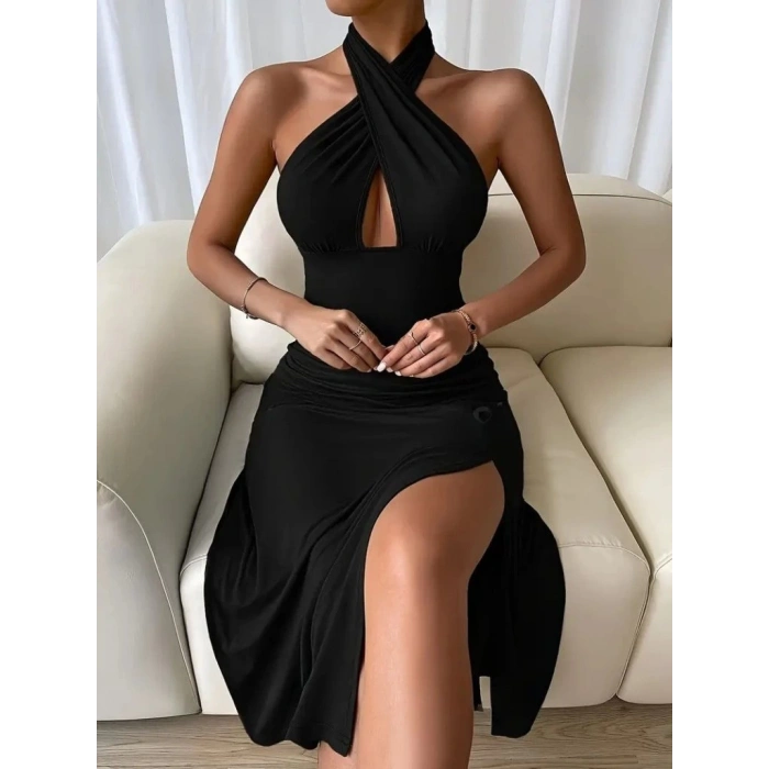 Kadın Sırt Dekolteli Boyun çapraz Yakalı Yırtmaç Detay Midi Sandy Elbise