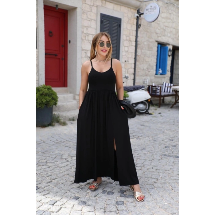 Kadın Sırttan çapraz Bağcıklı Yırtmaçlı Cepli Viskon Elbise