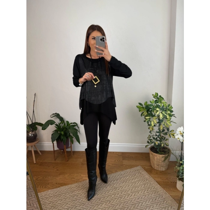 Kadın Siyah Deri Yelekli Kolye Dahil üçlü Takım