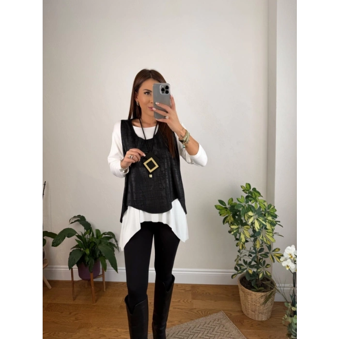 Kadın Siyah Deri Yelekli Kolye Dahil üçlü Takım