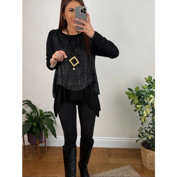 Kadın Siyah Deri Yelekli Kolye Dahil üçlü Takım