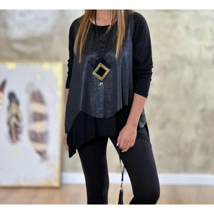 Kadın Siyah Deri Yelekli Kolye Dahil üçlü Takım