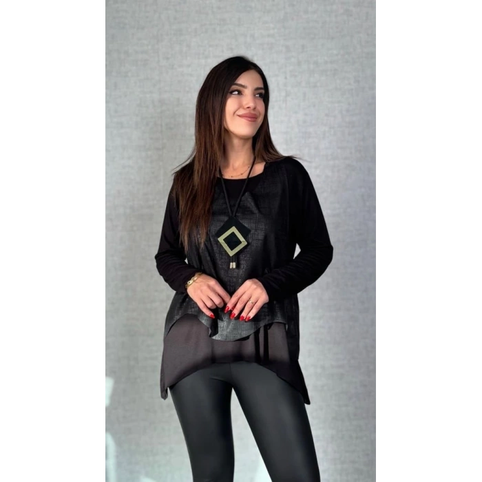 Kadın Siyah Deri Yelekli Kolye Dahil üçlü Takım