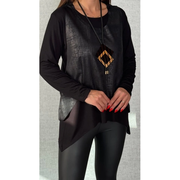 Kadın Siyah Deri Yelekli Kolye Dahil üçlü Takım