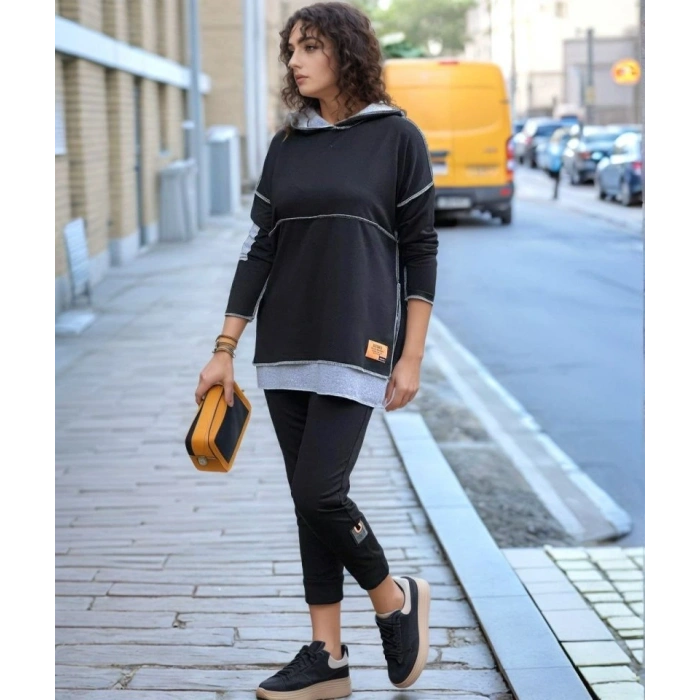 Kadın Siyah Kapşonlu Etek Ucu Detay Arma Ters Dikiş Gorunumlu Ikili Takım