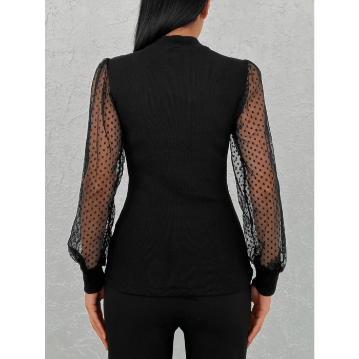 Kadın Siyah Kolu Tül Detaylı Yarım Balıkçı Kaşkorse Bluz 6160