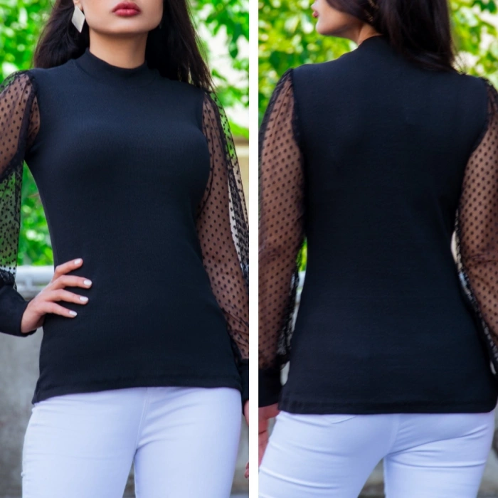 Kadın Siyah Kolu Tül Detaylı Yarım Balıkçı Kaşkorse Bluz 6160