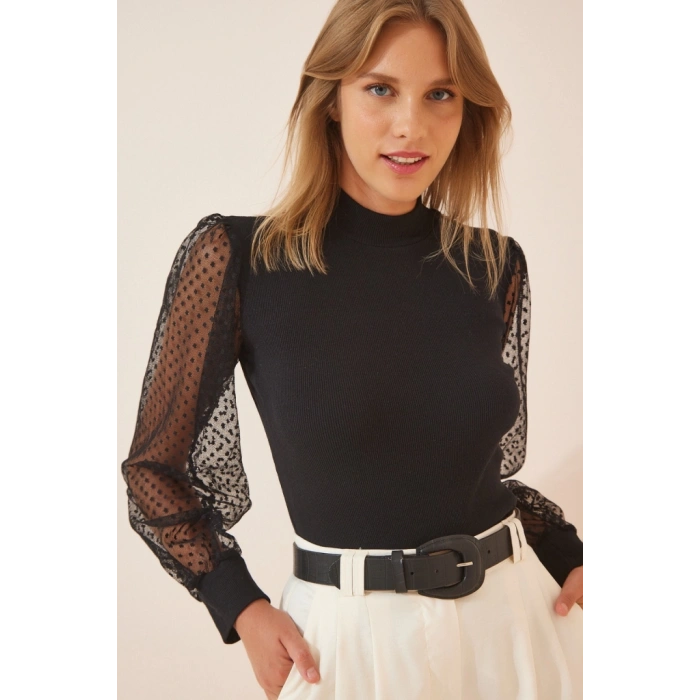 Kadın Siyah Kolu Tül Detaylı Yarım Balıkçı Kaşkorse Bluz 6160