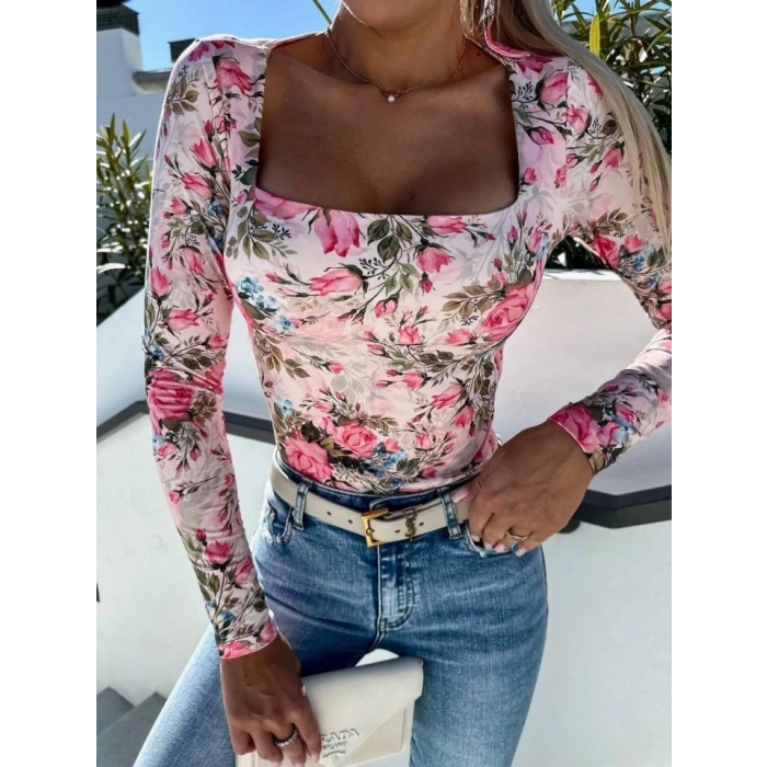 Kadın Süprem Kumaş çiçek Desen Uzun Kollu Kare Yaka Bluz