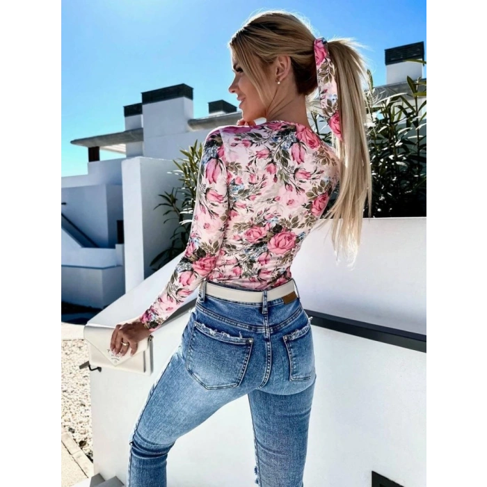 Kadın Süprem Kumaş çiçek Desen Uzun Kollu Kare Yaka Bluz
