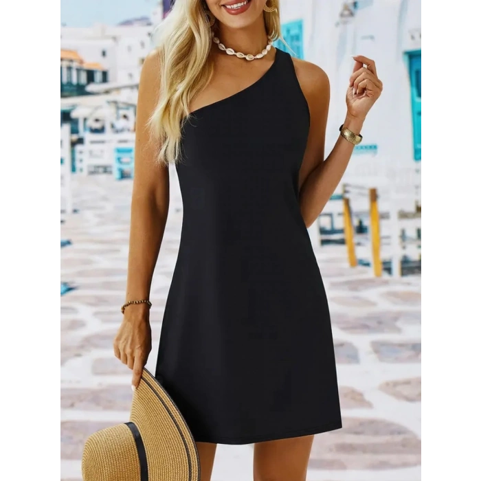 Kadın Tek Omuz Askılı Krep Mini Elbise