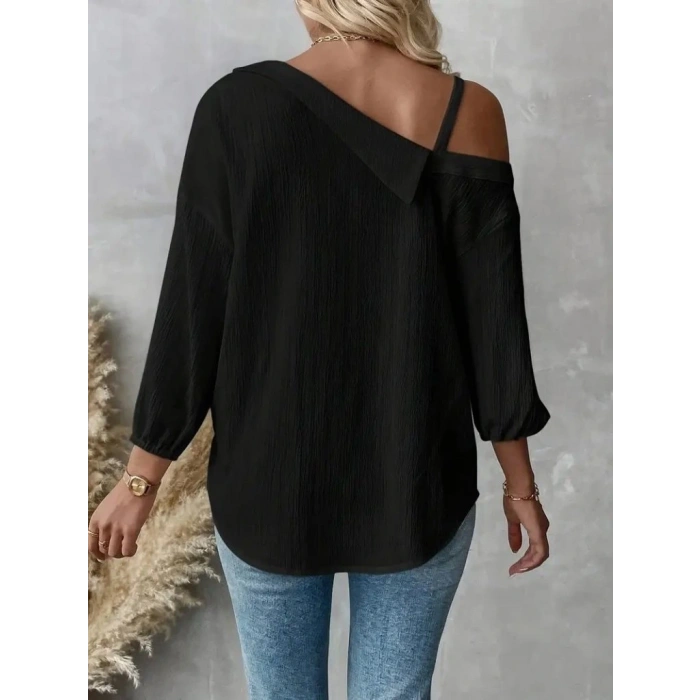 Kadın Tek Omuzdan Açık Askılı Uzun Kollu Yakalı önden Düğmeli Gömlek