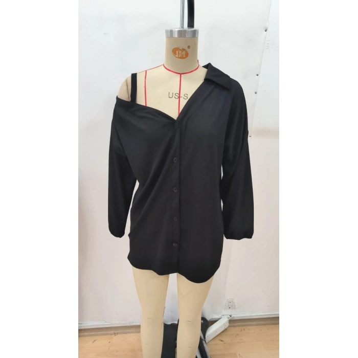 Kadın Tek Omuzdan Açık Askılı Uzun Kollu Yakalı önden Düğmeli Gömlek