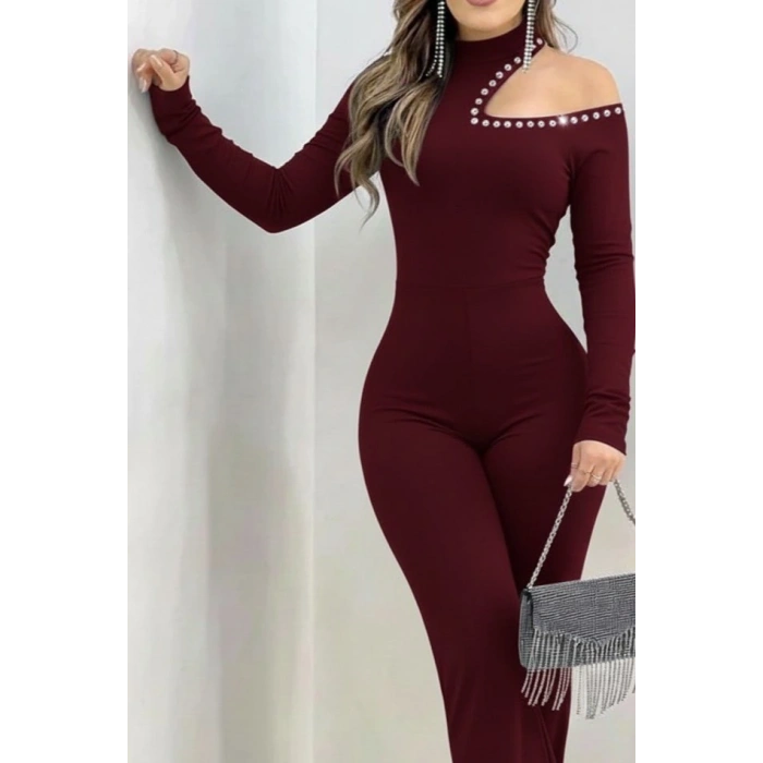 Kadın Tek Omuzdan Açık Balıkçı Yaka Taş Detaylı Uzun Ithal Krep Tulum