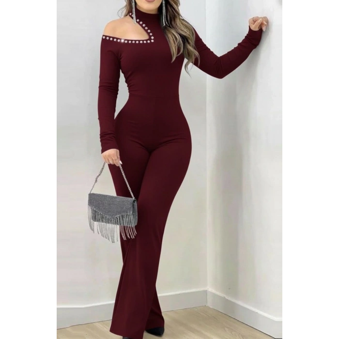 Kadın Tek Omuzdan Açık Balıkçı Yaka Taş Detaylı Uzun Ithal Krep Tulum