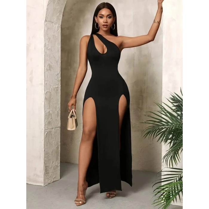 Kadın Tek Omuzdan Açık Damla Detaylı Yırtmaç Detaylı Uzun Janjan Krep Elbise