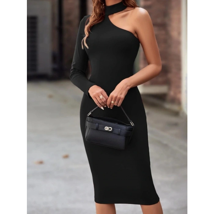 Kadın Tek Omuzdan Açık Uzun Kollu Balıkçı Yaka Midi Ithal Krep Elbise